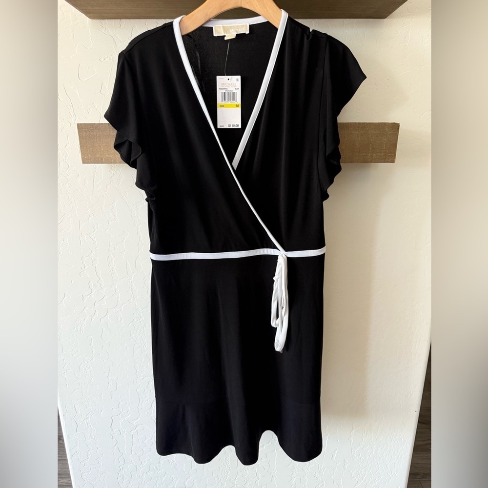Michael Kors|Black faux Wrap Dress with White Trim,NWT in size medium•••Classic - Picture 2 of 12